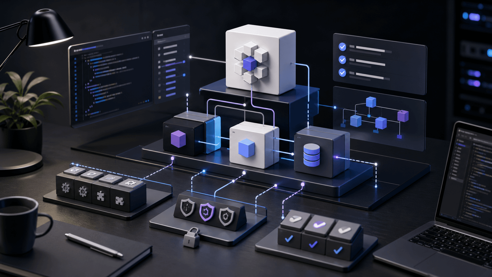Modular software architecture blocks connected to test and security panels