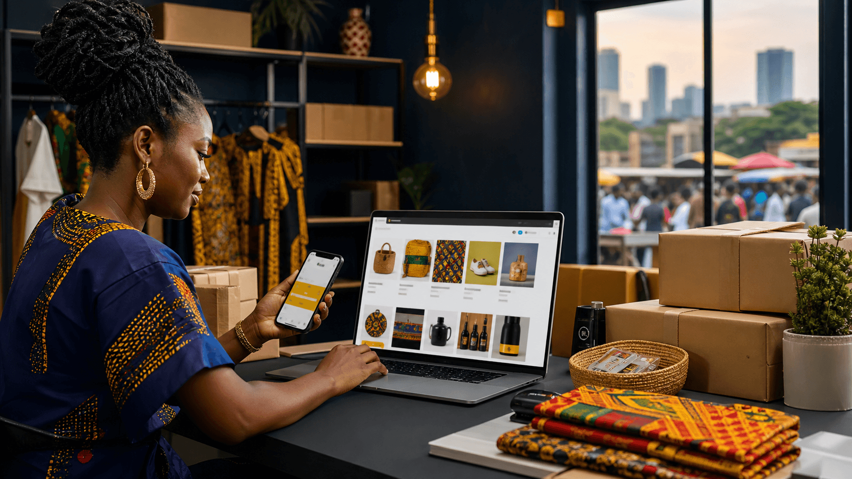 Ghanaian business owner managing an online store with a laptop, phone, and packaged orders