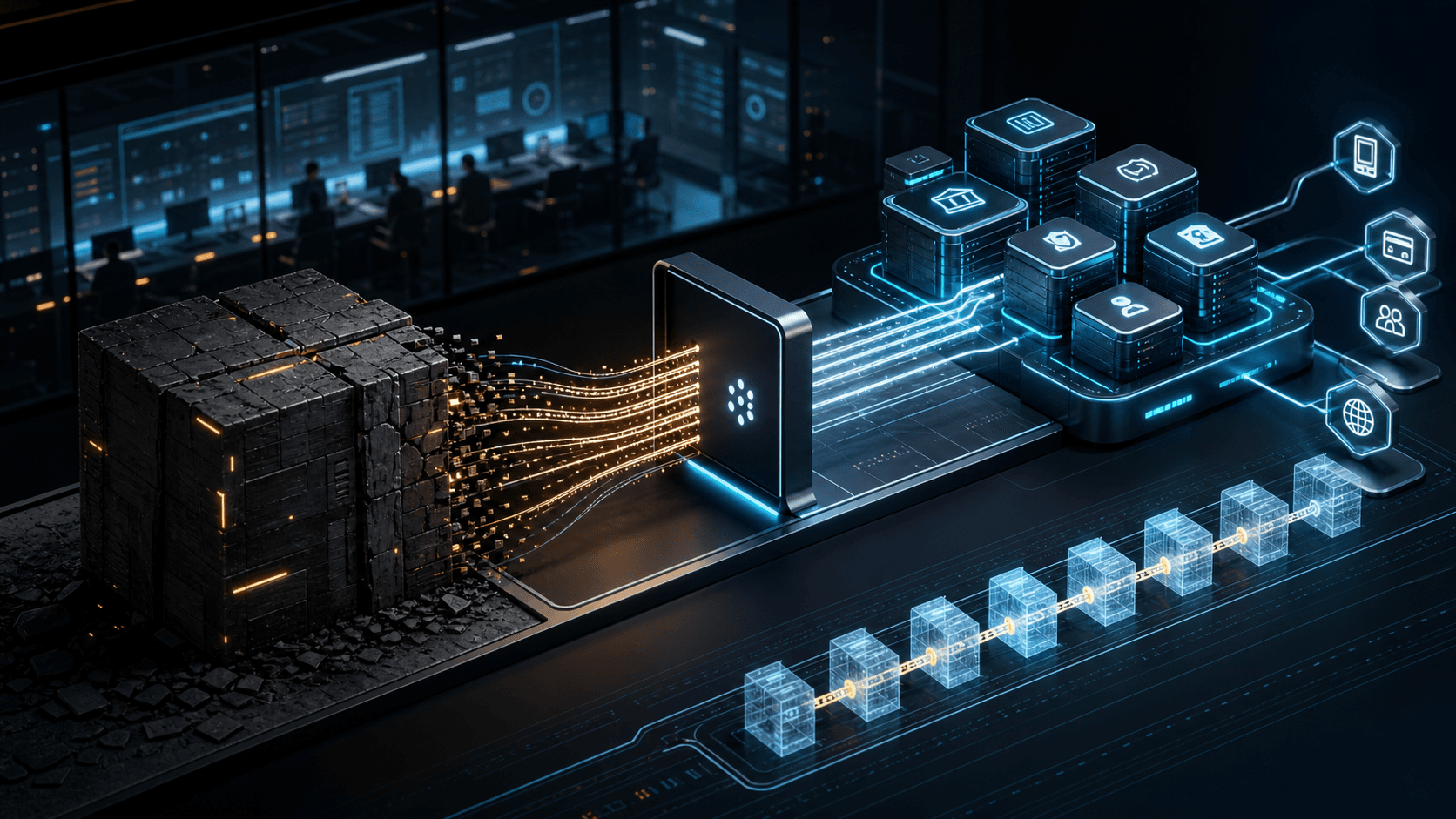 Legacy fintech monolith migrating through a gateway into modern payment services