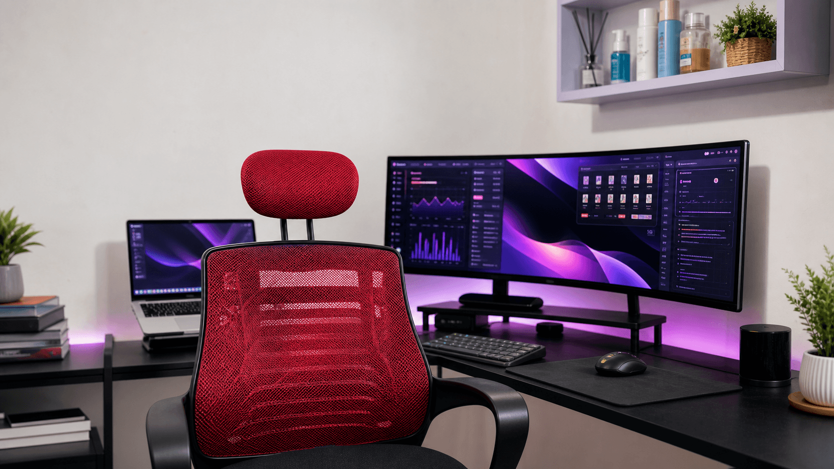 Agbey Tech workspace with red mesh chair, laptop, ultrawide monitor, and purple screen glow