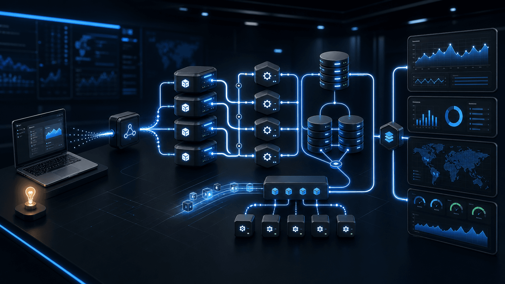 Scalable system topology with service nodes, databases, queues, and observability panels