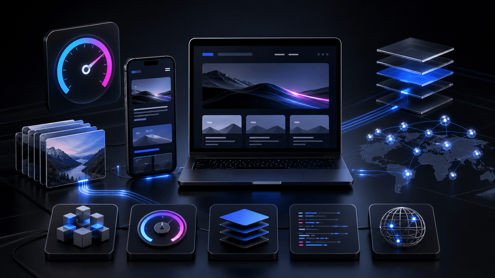 Modern web performance lab with mobile pages, speed gauges, caching layers, and edge network